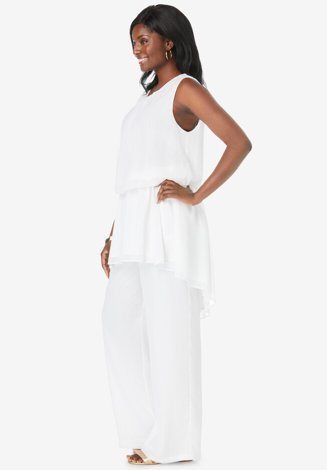 Jessica London Women's Plus Size Two Piece Sleeveless Tunic Top Capri Pants  Linen Blend Set - 20, White
