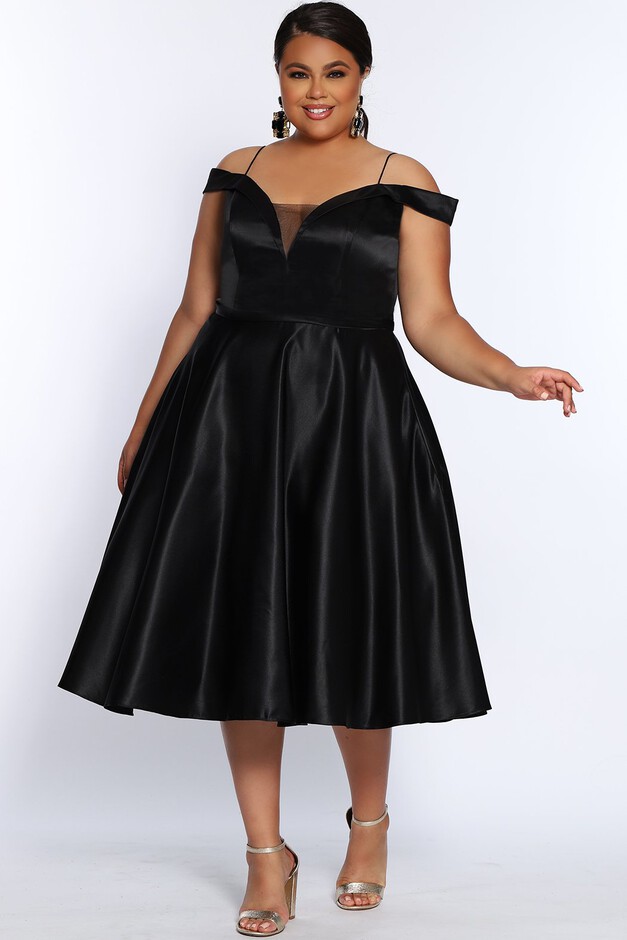Simply Divine Tea-Length Satin Plus Size Party Dress with Pockets