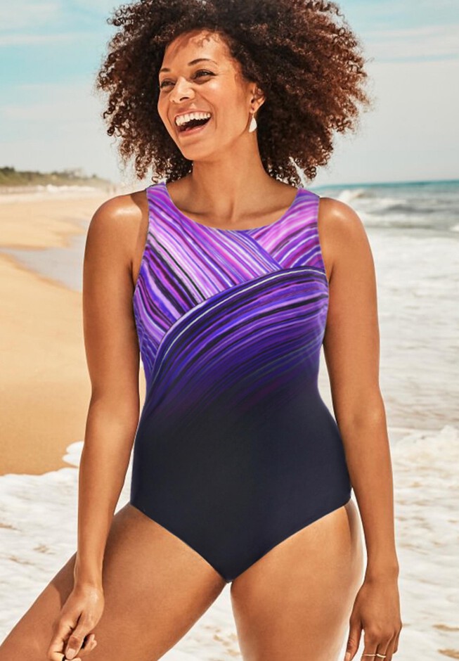 Swimsuits for All Women’s Plus Size Side Tie Blouson Tankini Top, 14 -  Purple Blue Waves