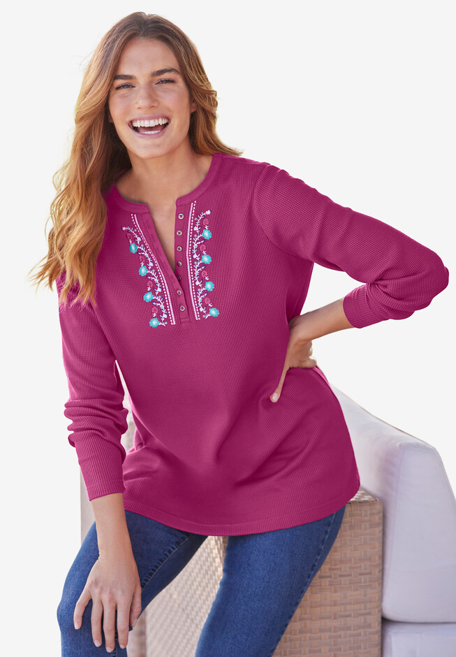 WOMAN WITHIN WOMENS V NECK EMBROIDERED THERMAL HENLEY TEE IN PINK SIZE  MEDIUM