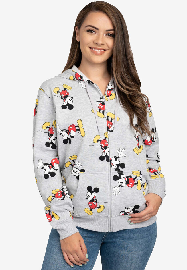 Disney Damen Hoodie Mickey Mouse All Over Print Zip Up, Meliert, Grau, XS :  : Fashion