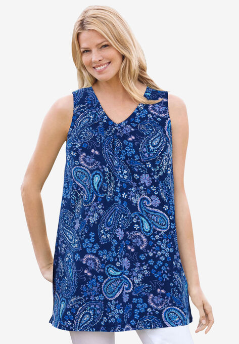 Perfect Printed Sleeveless Shirred V-Neck Tunic | Woman Within