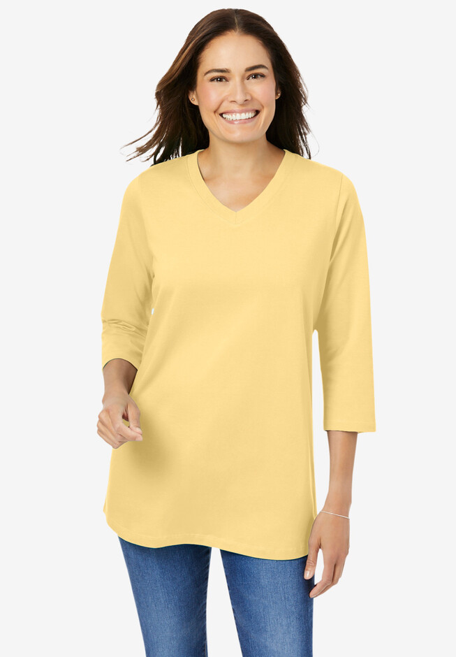 Perfect Printed Three-Quarter Sleeve V-Neck Tee | Woman Within