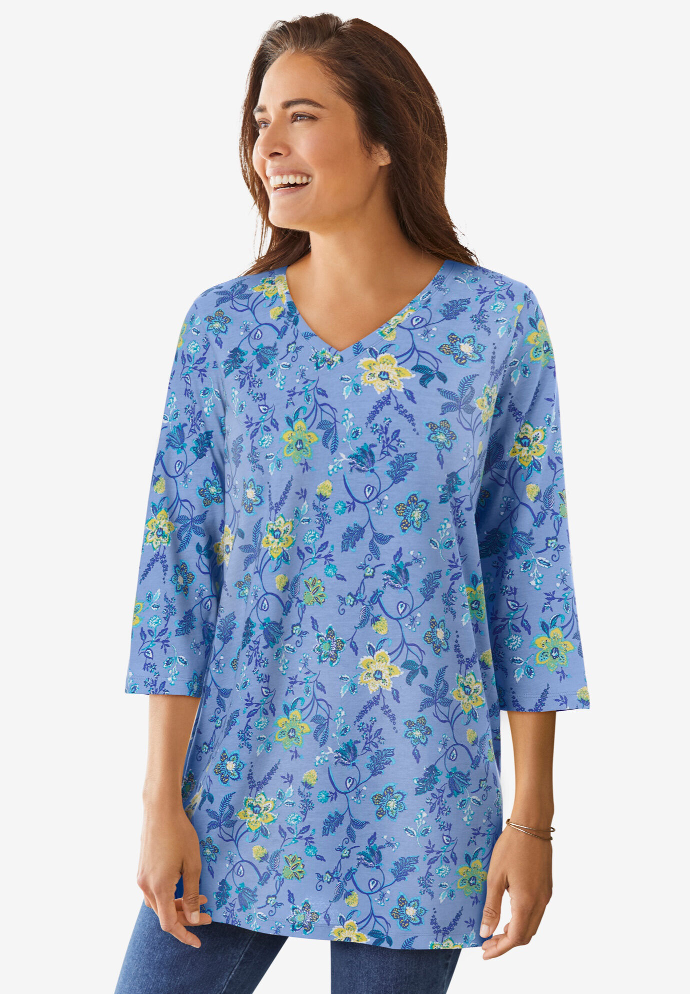 Perfect Printed Three-Quarter-Sleeve V-Neck Tunic | Woman Within