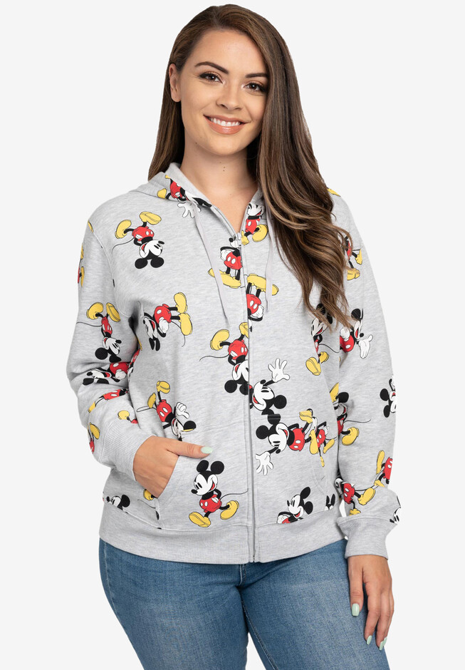 Women's Plus Size Disney Mickey Mouse Zip Hoodie All-Over Print Sweatshirt  Gray