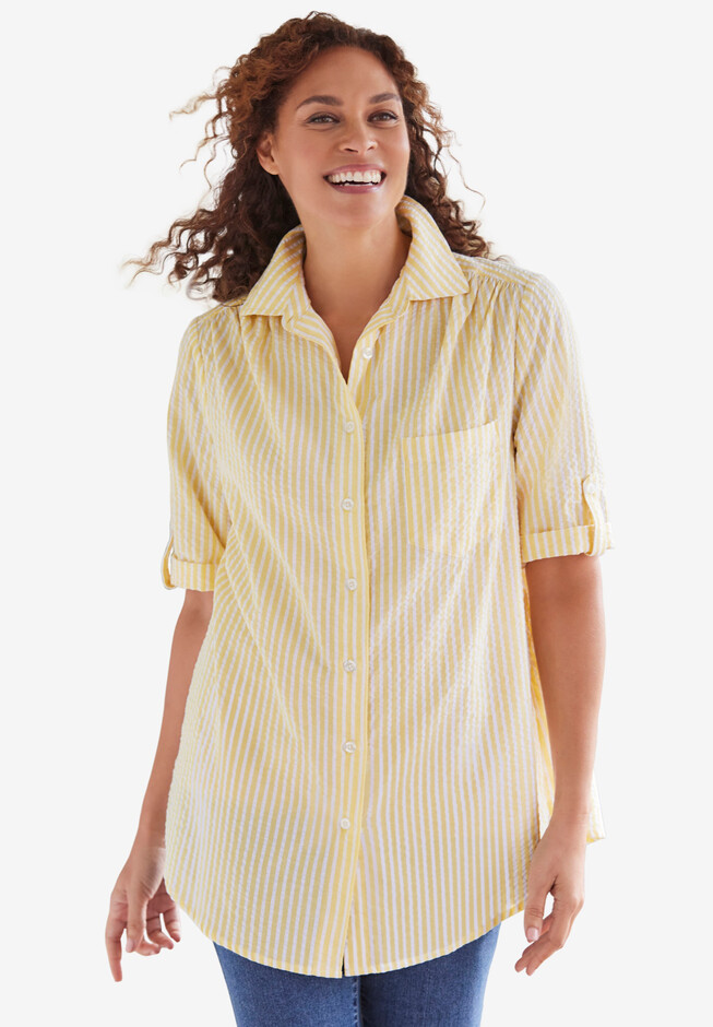 Eyelet Short Sleeve Button-down Shirt - Yellow