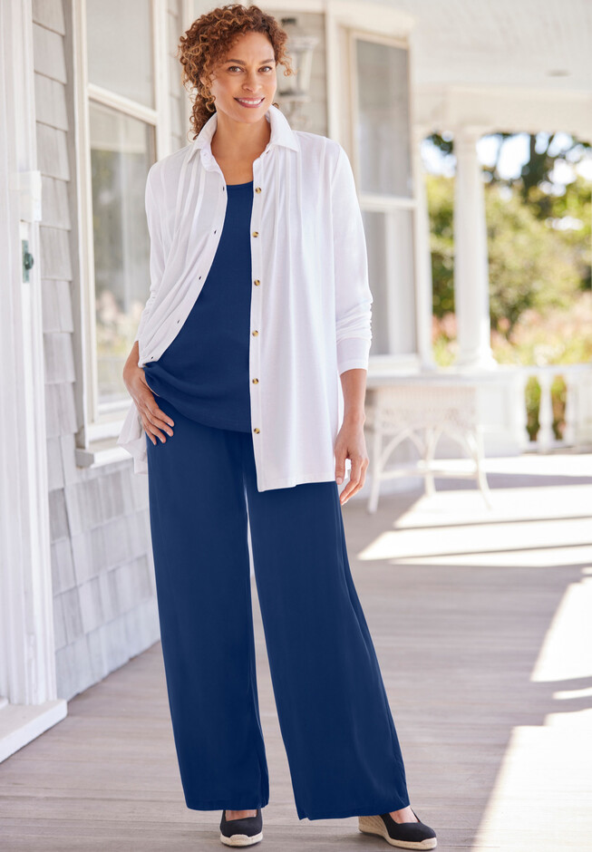 Jessica London Women's Plus Size Two Piece Sleeveless Tunic Top Capri Pants  Linen Blend Set - 16, White 