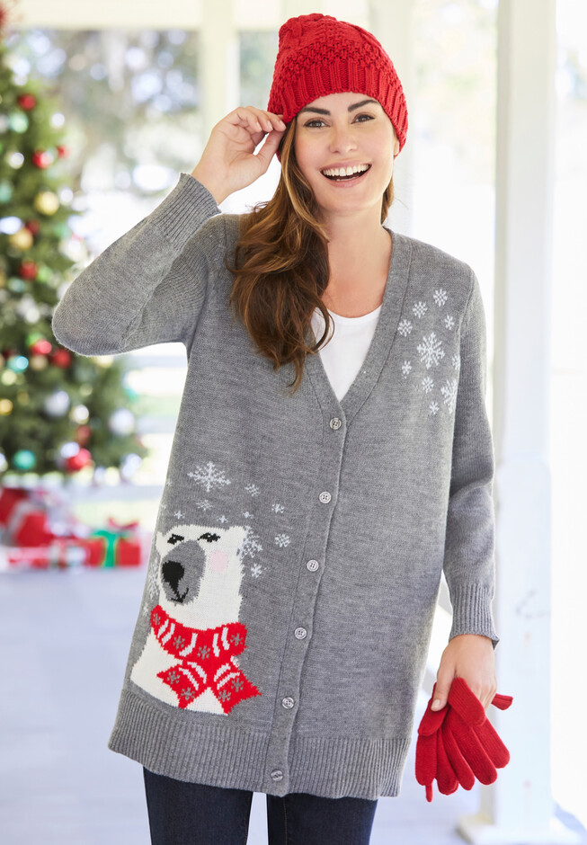 Roaman's Women's Plus Size Bell-Sleeve Pointelle Cardigan Sweater, Size: 30/32, Gray