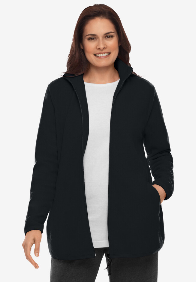 Woman Within Plus Size Zip-Front Microfleece Vest Long Fleece Vest - L,  Black 