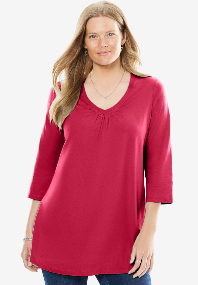 Perfect Three-Quarter Sleeve Shirred V-Neck Tee | Woman Within