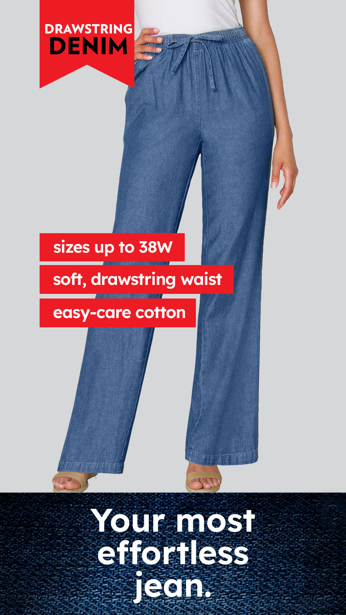 Women's Denim Jeans Elastic Waist Drawstring Stretch Side Pockets Casual  Star Light Blue Jeans