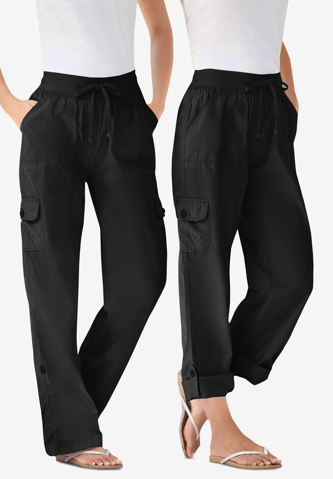 Collections Etc Women's Elastic Waist Cargo Pocket Capri Pant, Black, Small  at  Women's Clothing store