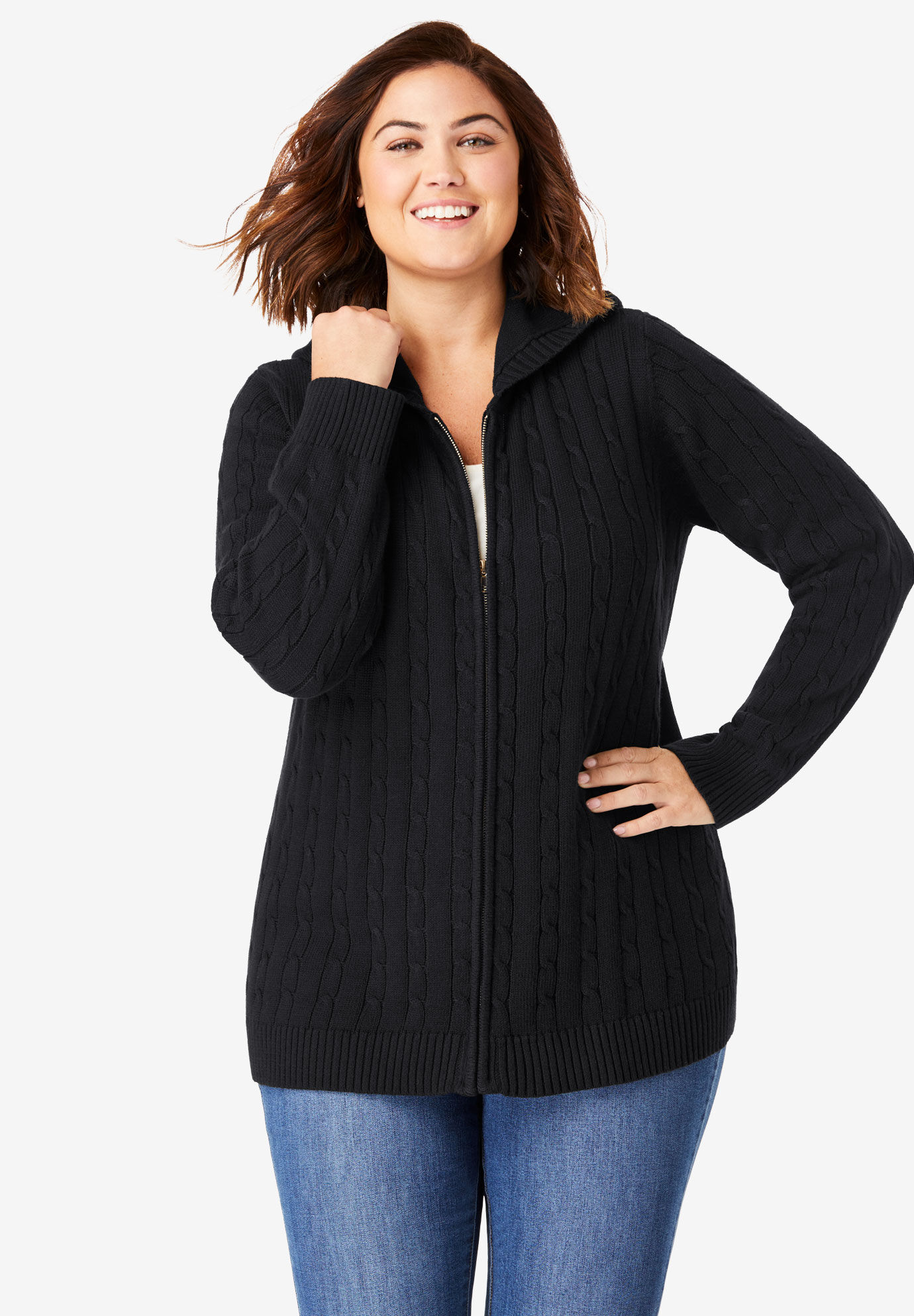 cable knit zip front cardigan