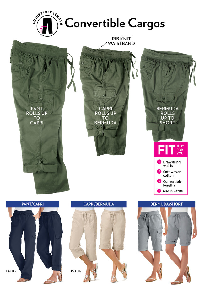 Women's Cargo Capris Pants with 4 Pockets, Adjustable Waist Cargo