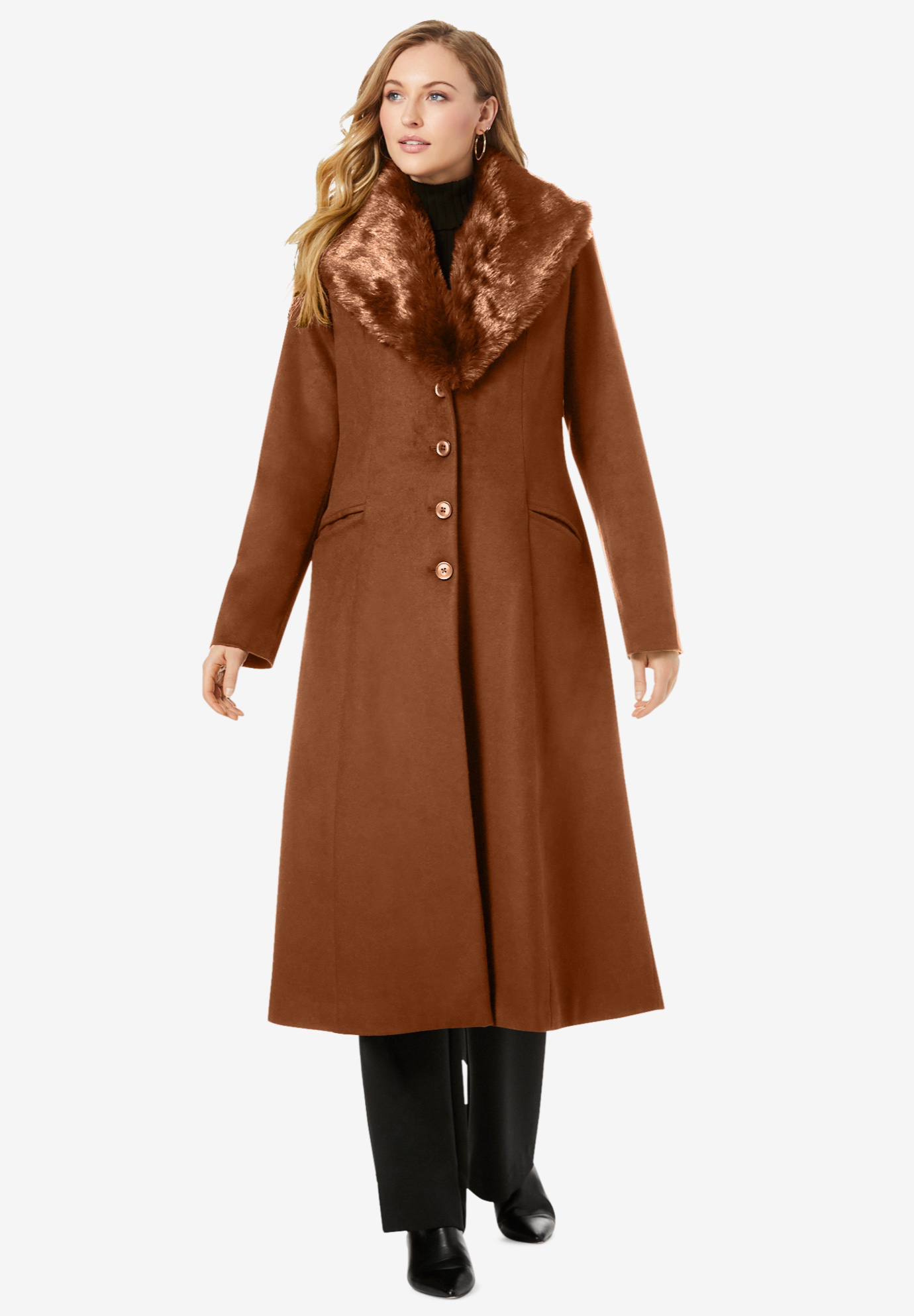 Long Wool-Blend Coat with Faux Fur Collar