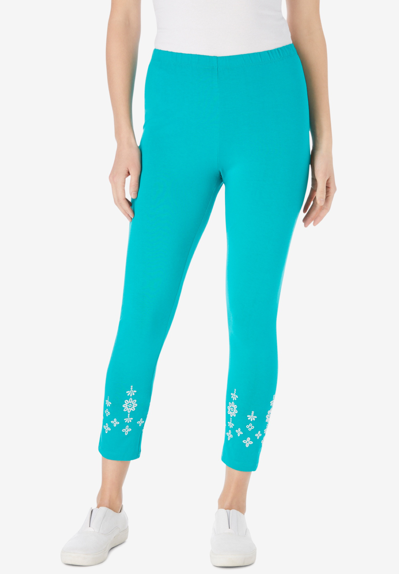 Stretch Cotton Knit Embroidered Legging | Woman Within