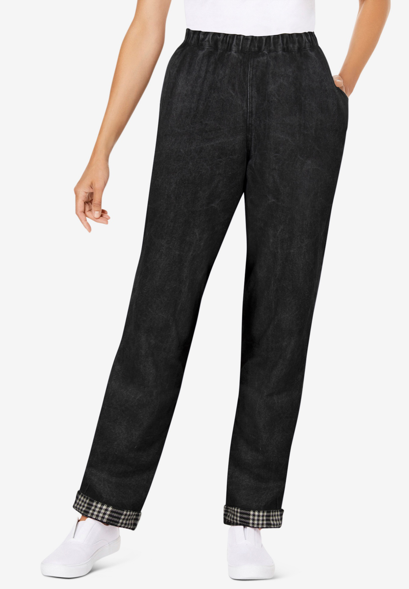 Elastic-Waist Cotton Straight Leg Pant with Flannel Lining