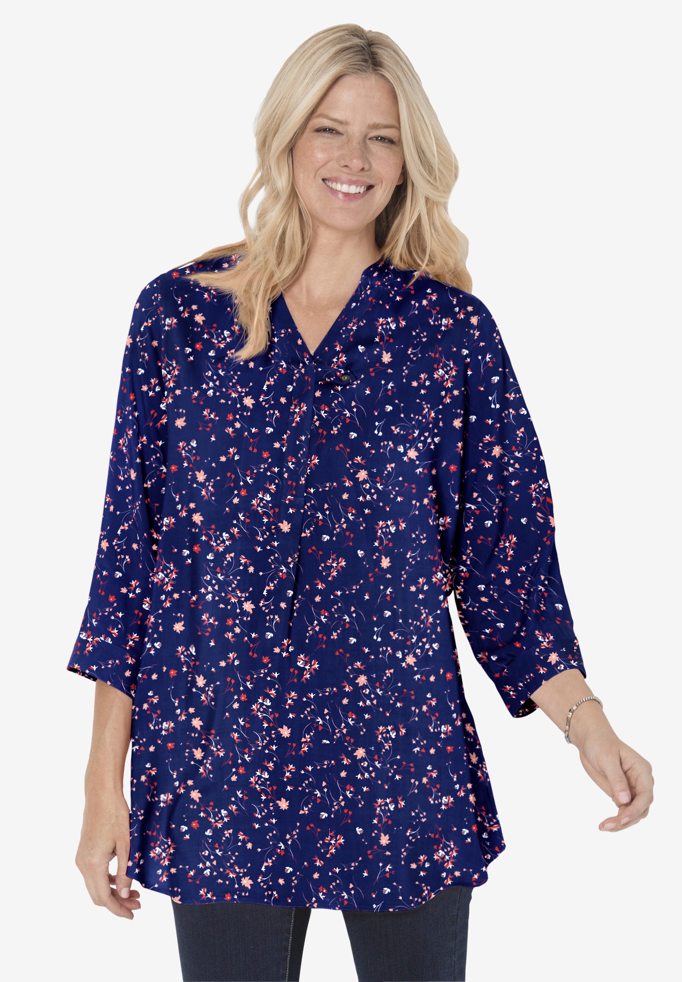 Three-Quarter Sleeve Tab-Front Tunic | Woman Within