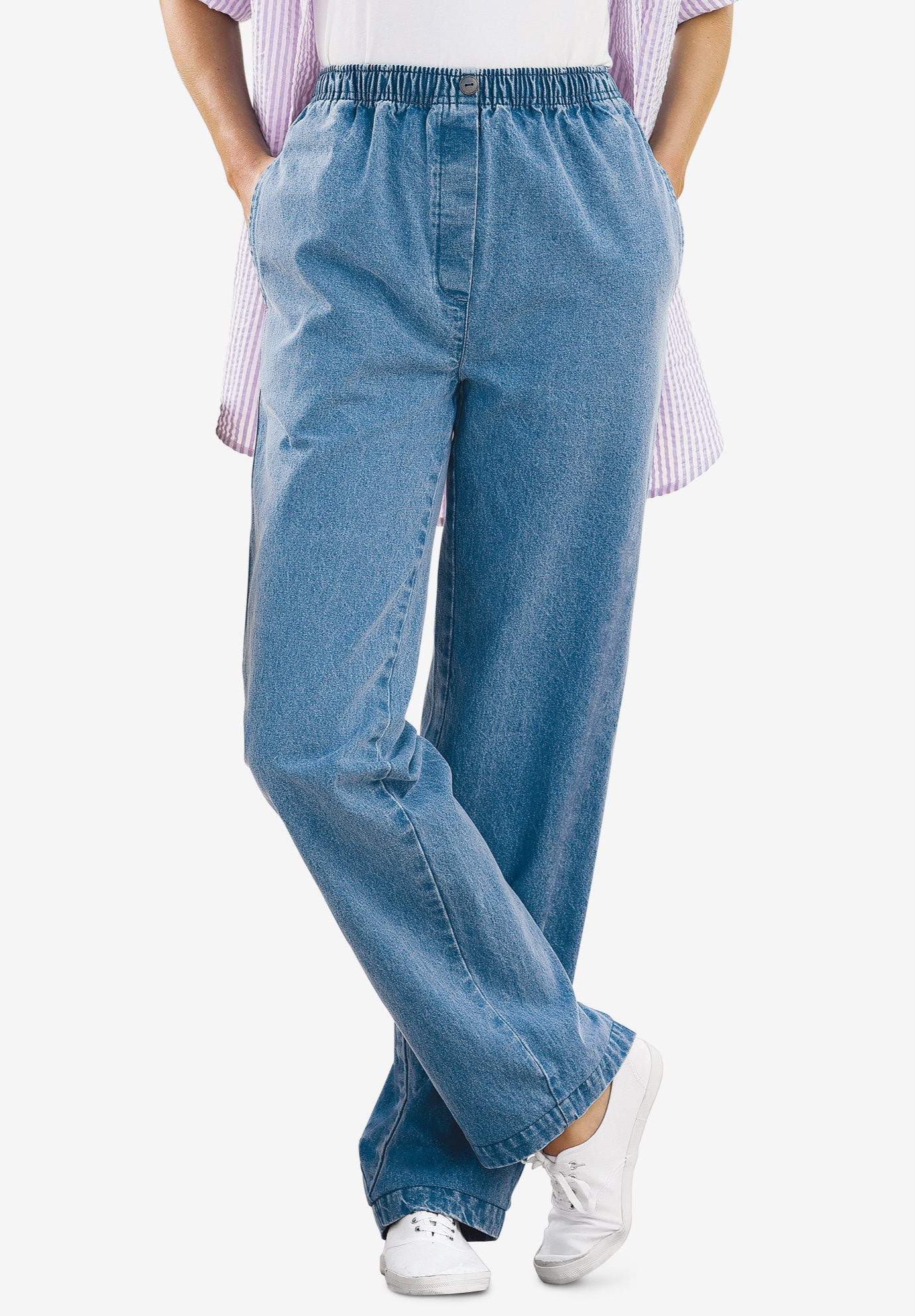 Elastic-Waist Cotton Straight Leg Pant| Plus Size Straight Leg Jeans