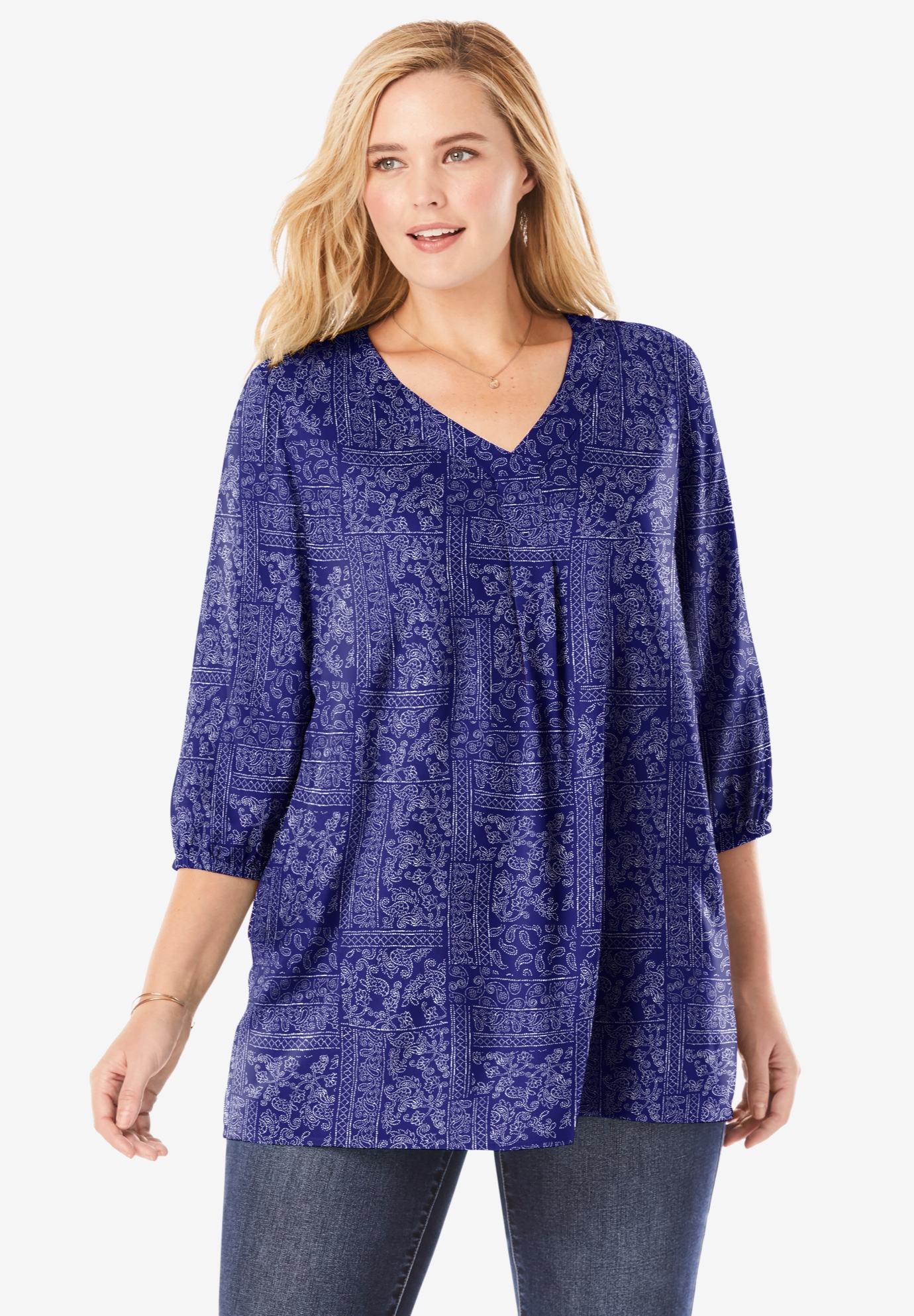 Pleat-Front Tunic With Three-Quarter Sleeves | Woman Within