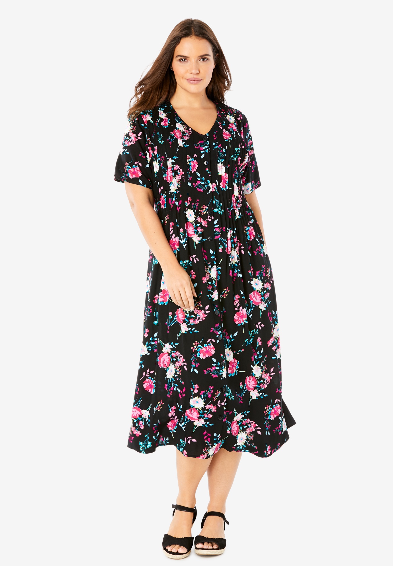 Short-Sleeve Button-Front Dress | Woman Within
