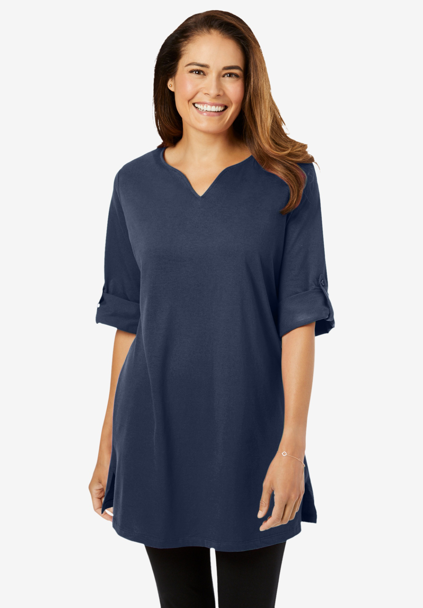 Perfect Rolled-Sleeve Notch Neck Tunic| Plus Size Tunics | Woman Within