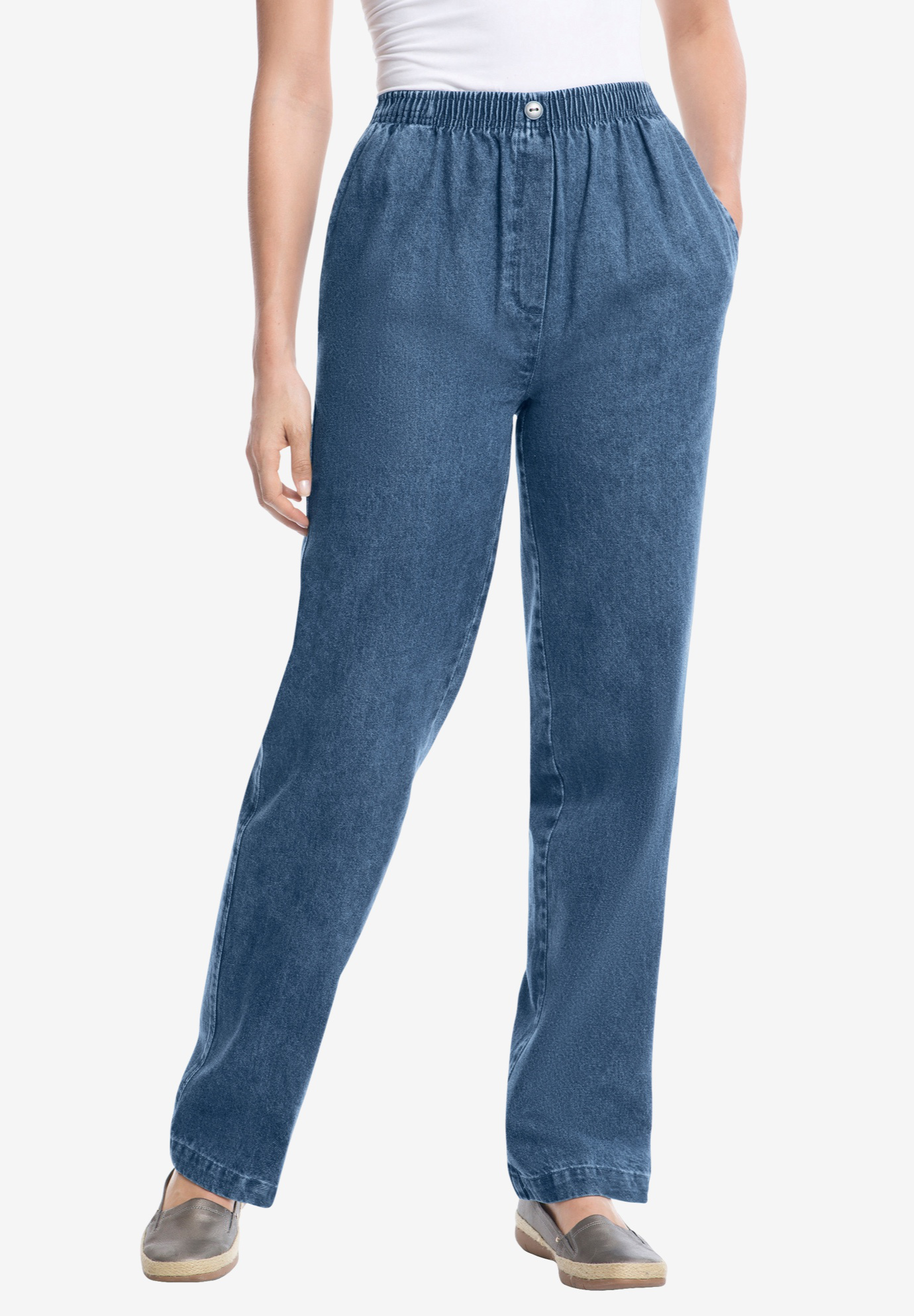 slim leg jeans with elastic waist