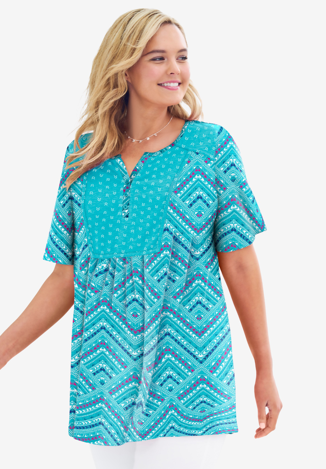 Mixed Print Henley Tunic | Woman Within