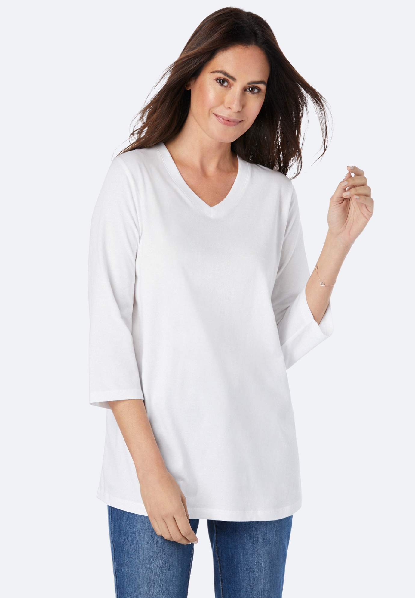 Perfect V Neck Three Quarter Sleeve Tee Plus Size T Shirts Woman Within