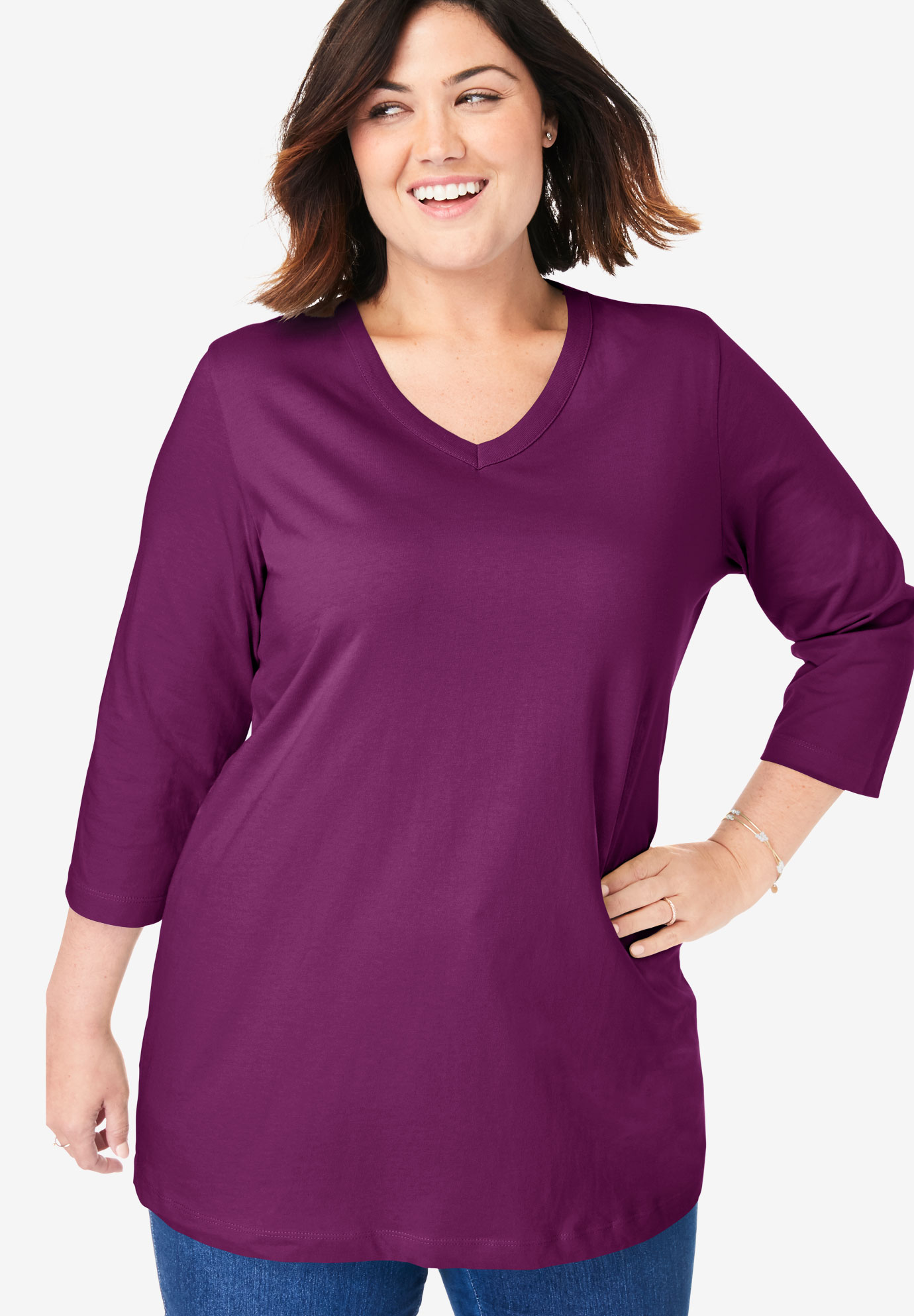 Perfect V-Neck Three-Quarter Sleeve Tee| Plus Size T-Shirts | Woman Within