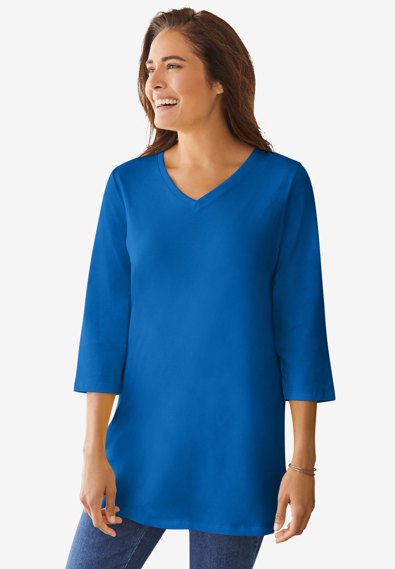 Perfect V-Neck Three-Quarter Sleeve Tunic| Plus Size Tops | Woman Within