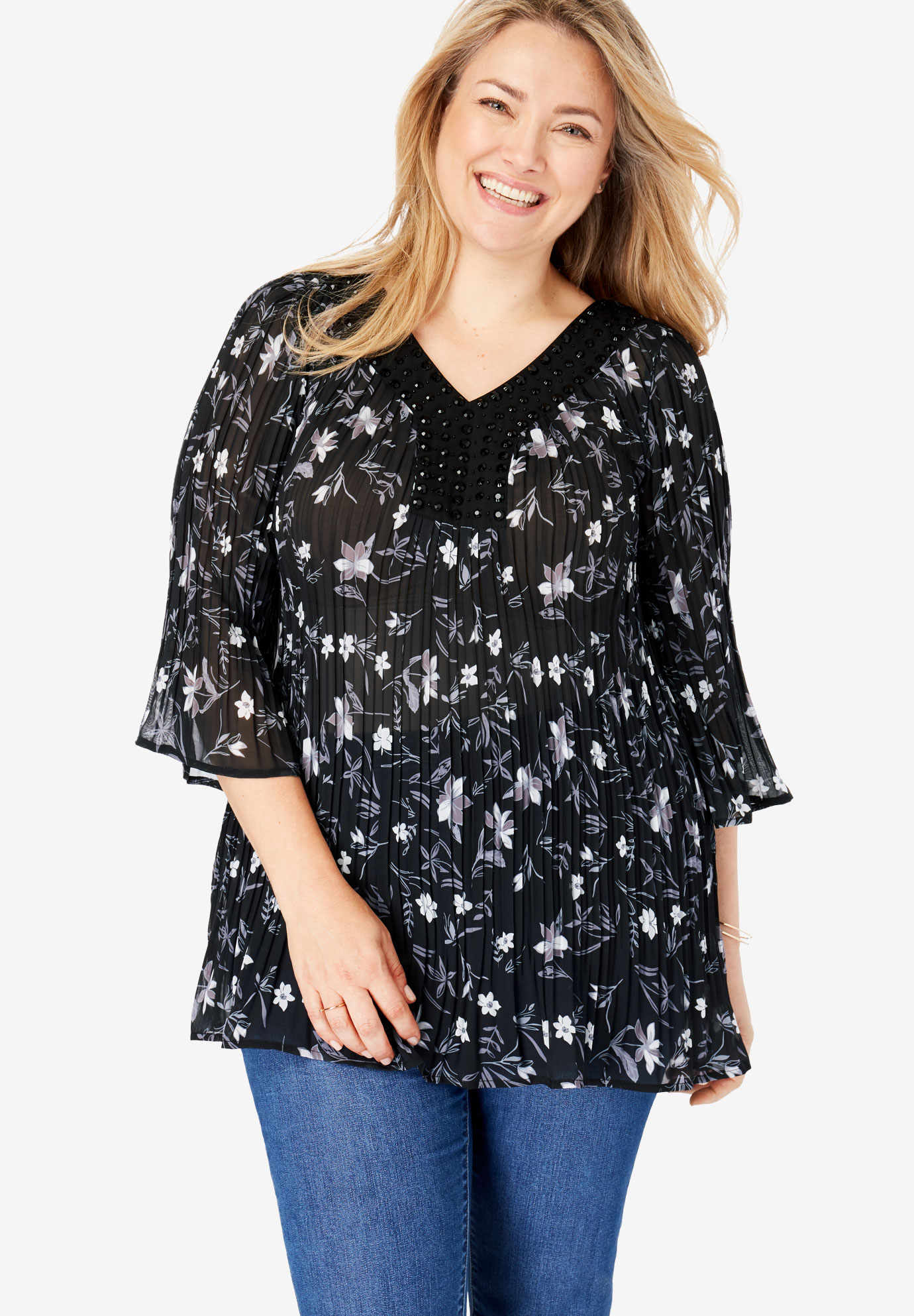 Pleated Popover Bell Sleeve Blouse| Plus Size Tops | Woman Within