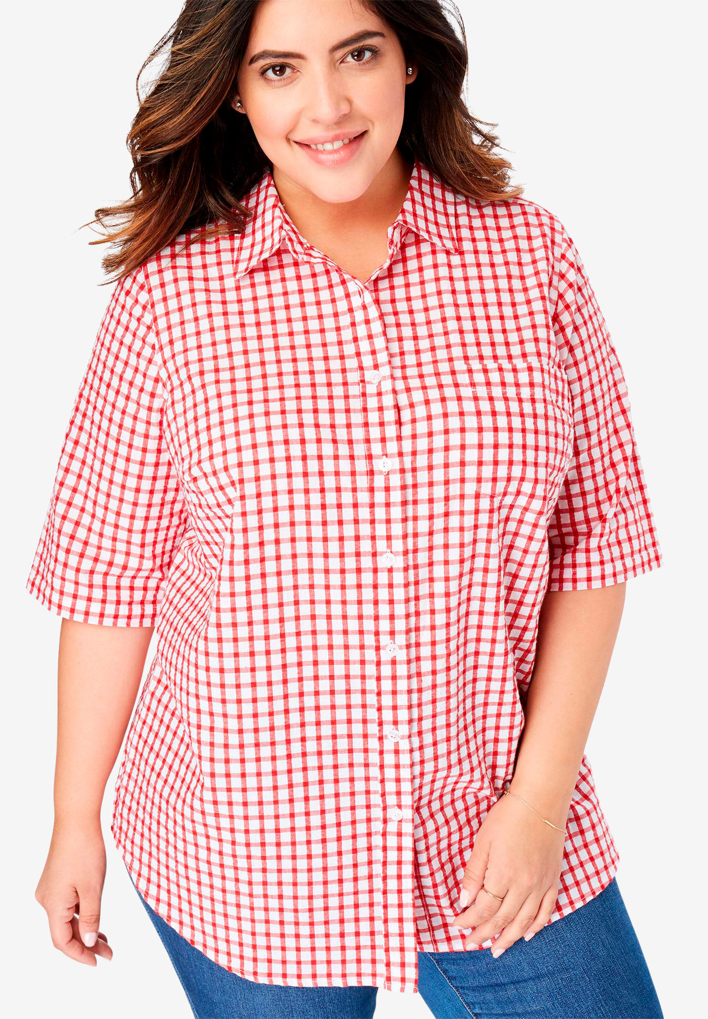 Button-Tab Short Sleeve Button-Down Seersucker Shirt | Plus Size Shirts ...