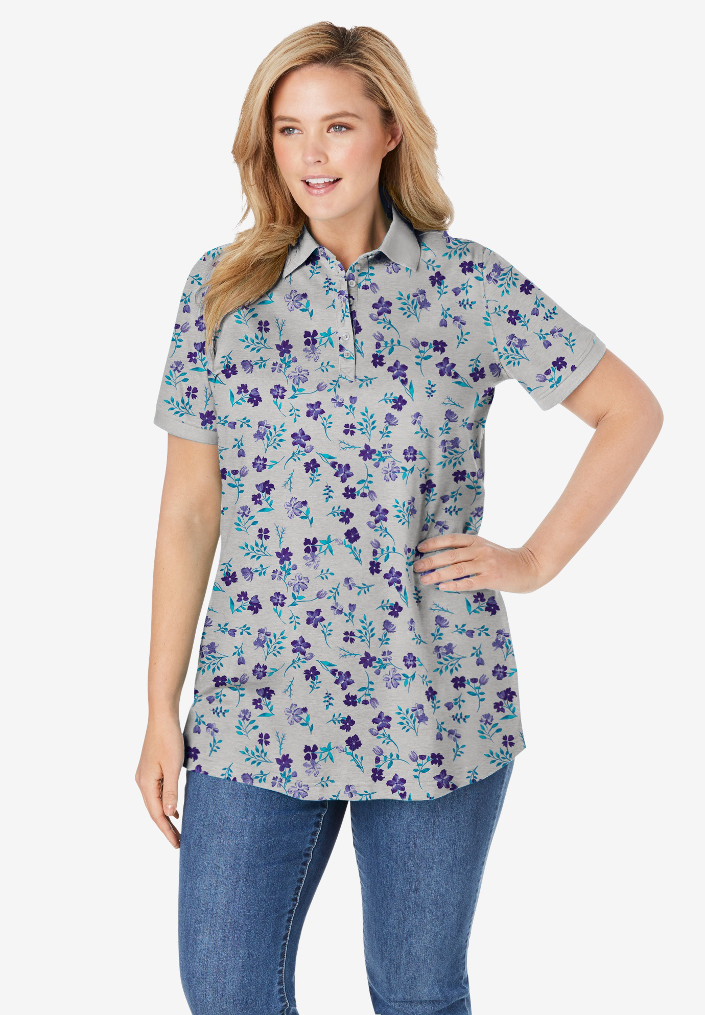 Perfect Printed Short-Sleeve Polo Shirt | Woman Within