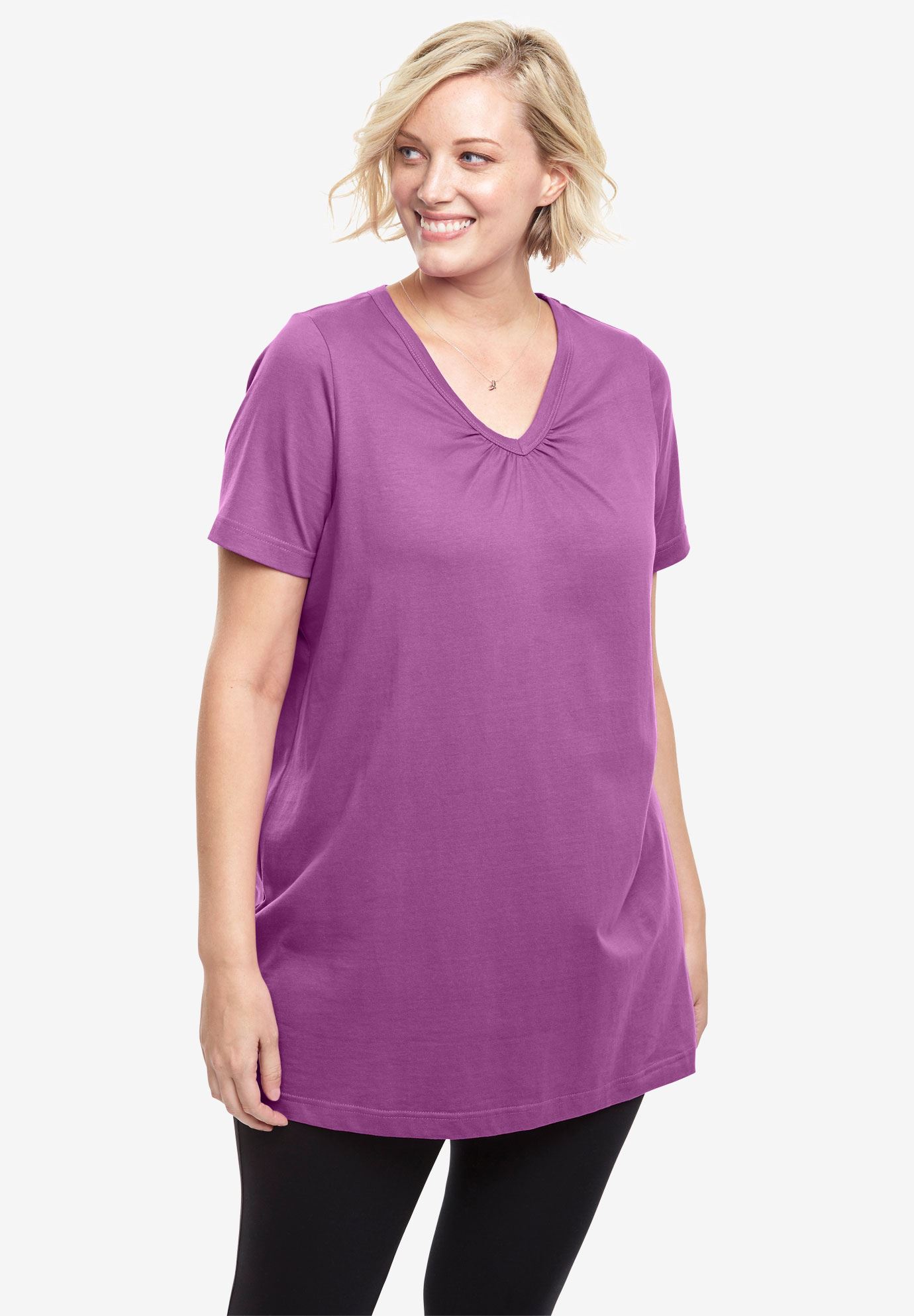 Perfect Shirred V-Neck Tunic| Plus Size Tops | Woman Within