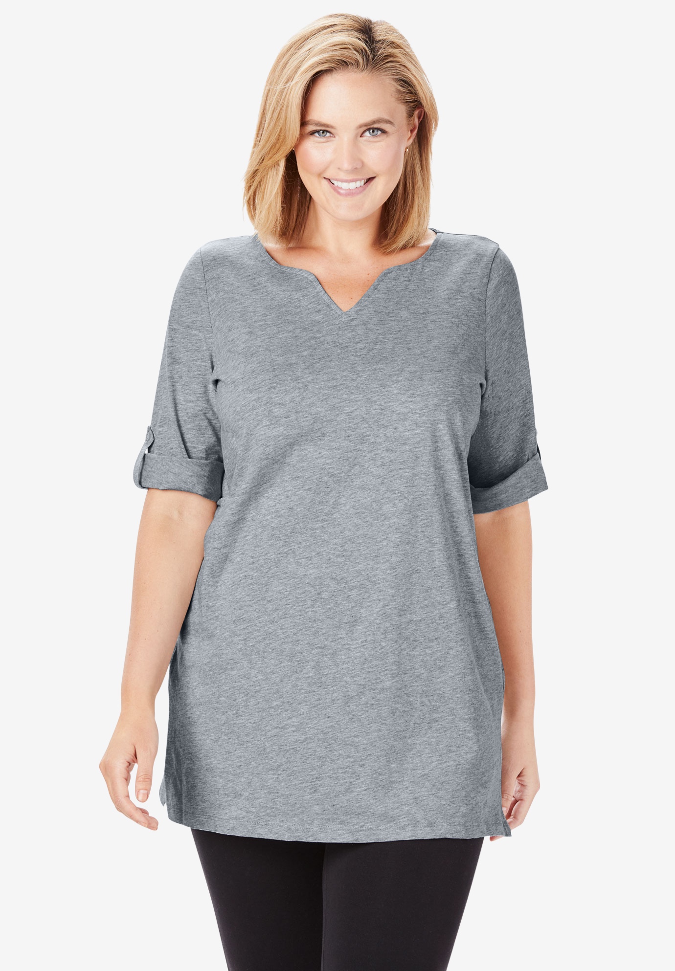 Perfect Roll-Tab-Sleeve Notch-Neck Tunic | Woman Within