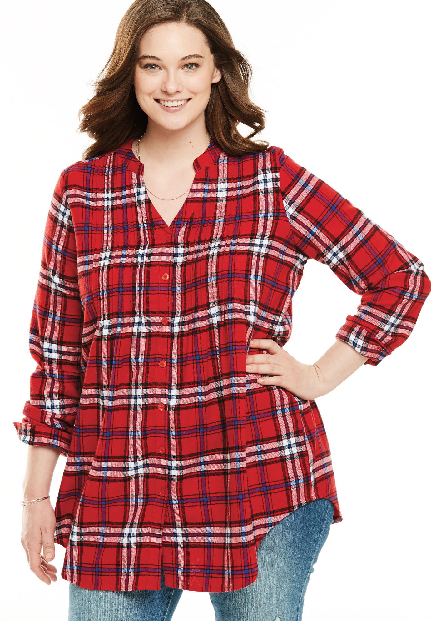 Pintucked Flannel Shirt| Plus Size Tops | Woman Within