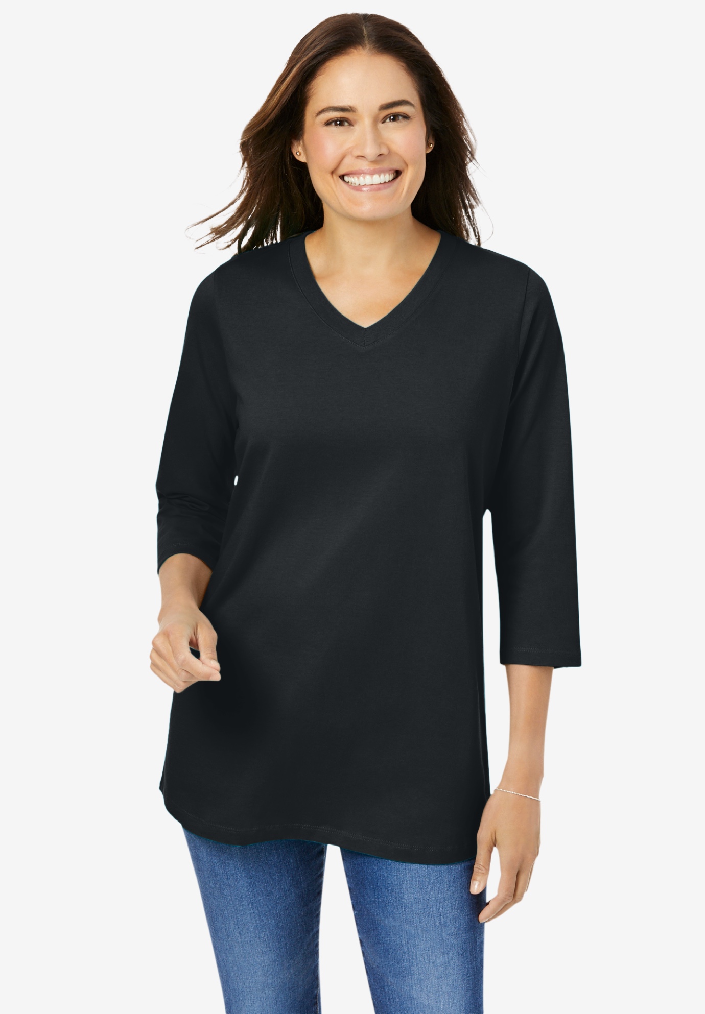 Perfect V Neck Three Quarter Sleeve Tee Plus Size T Shirts Woman Within