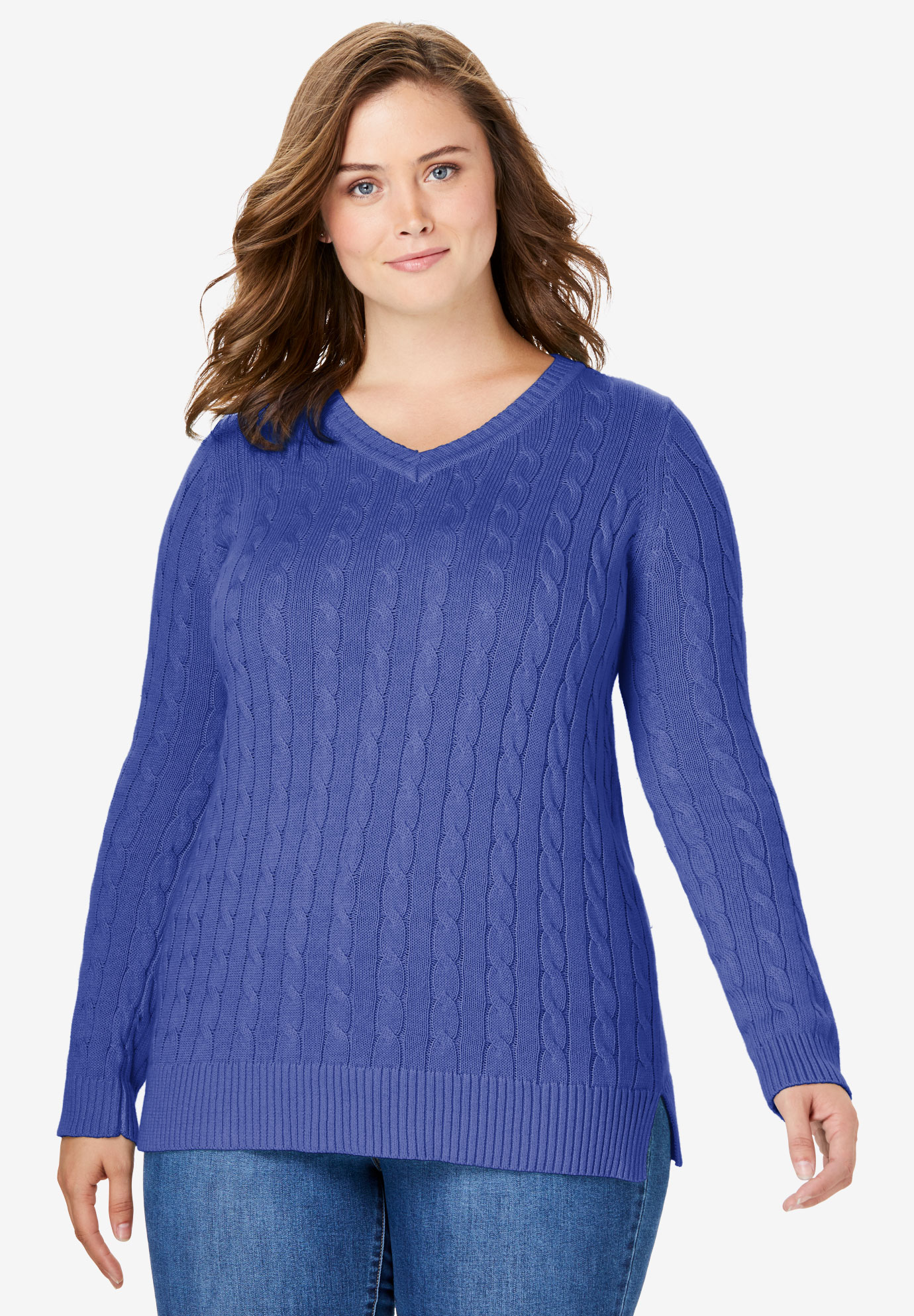Cable Knit V-Neck Pullover Sweater | Woman Within