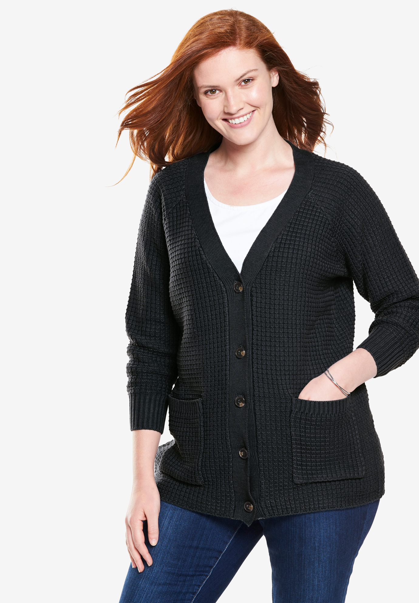 Waffle Knit Cardigan Woman Within