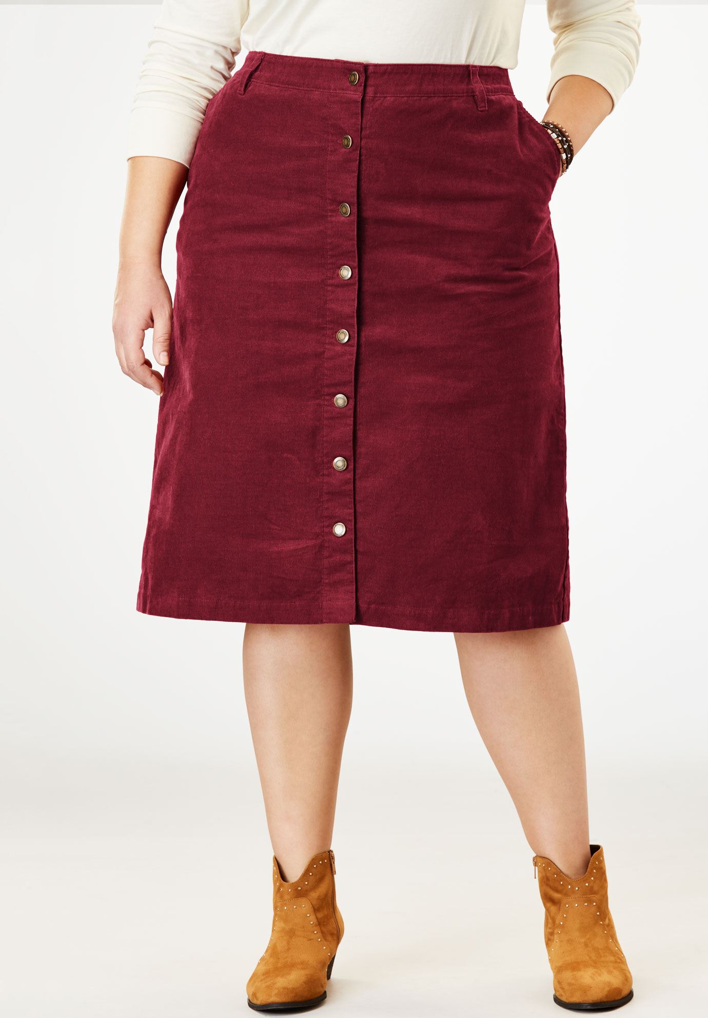 Button-Front Corduroy Skirt | Woman Within