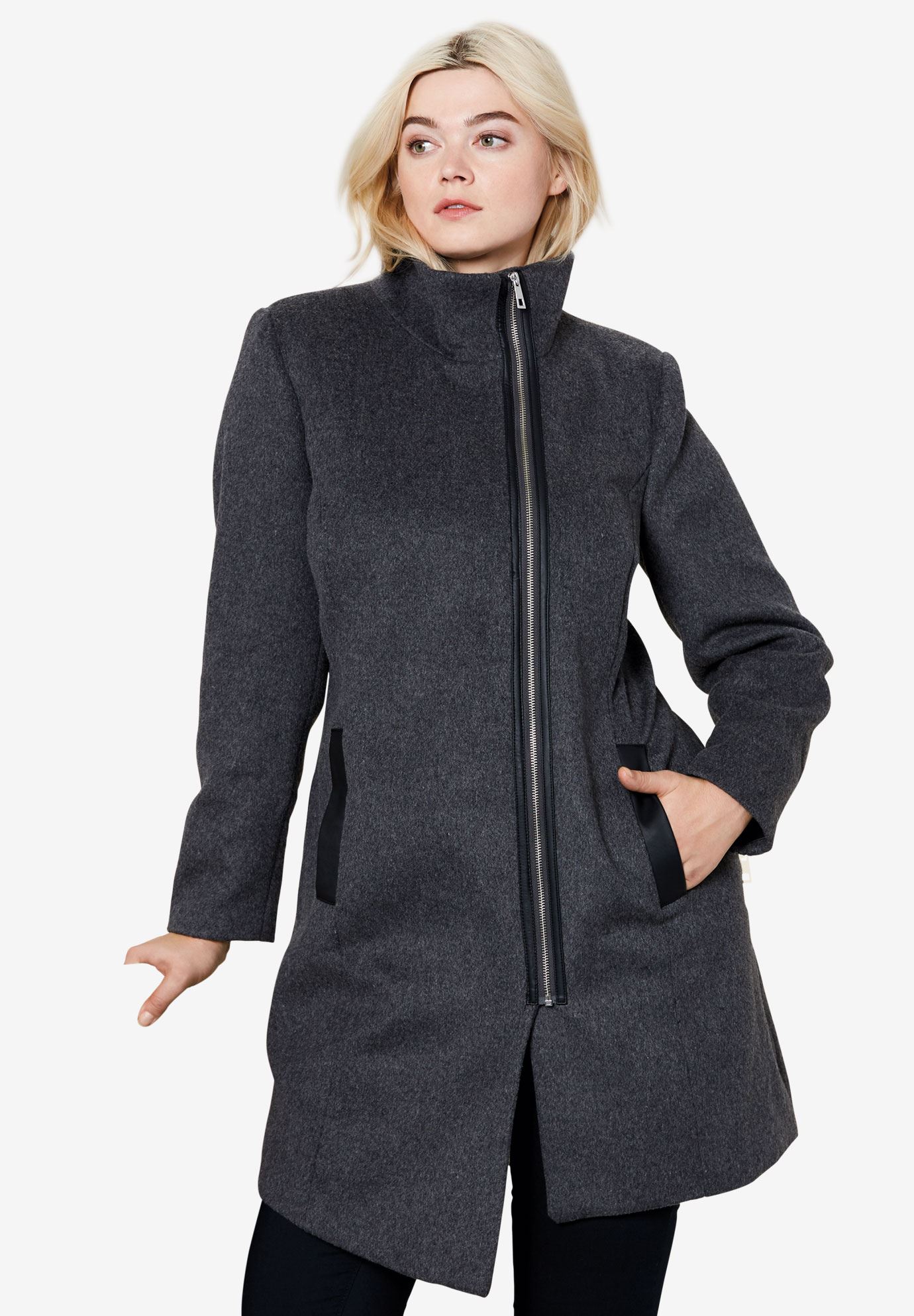 Asymmetrical Zip Wool Blend Coat by ellos® | Plus Size Wool Coats ...